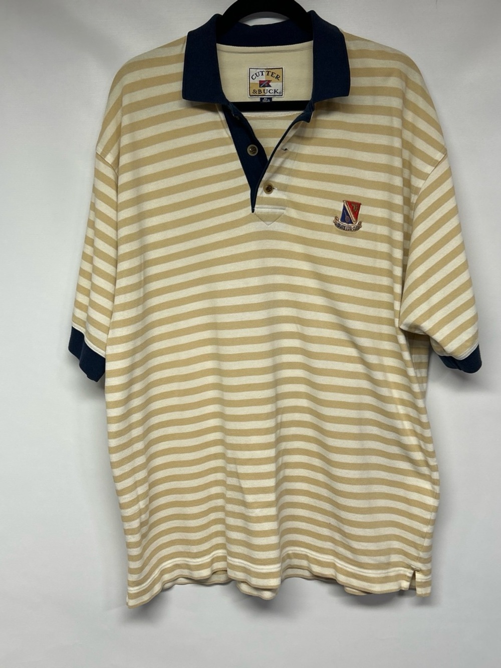 Cutter & Buck Beige and Navy Striped Polo Shirt